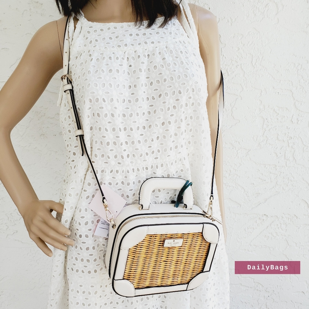 BEAUTIFUL NWT KATE SPADE TRUNK CROSSBODY WICKER PARCHMENT PSY PINEAPPLE - Picture 3 of 7
